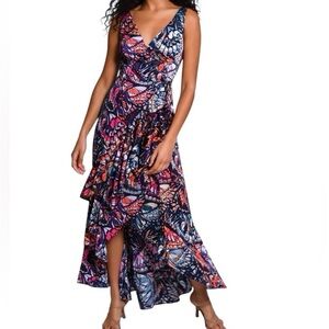 Hutch V-Neck High-Low Maxi Dress in Navy, Pink & Orange Butterfly Print